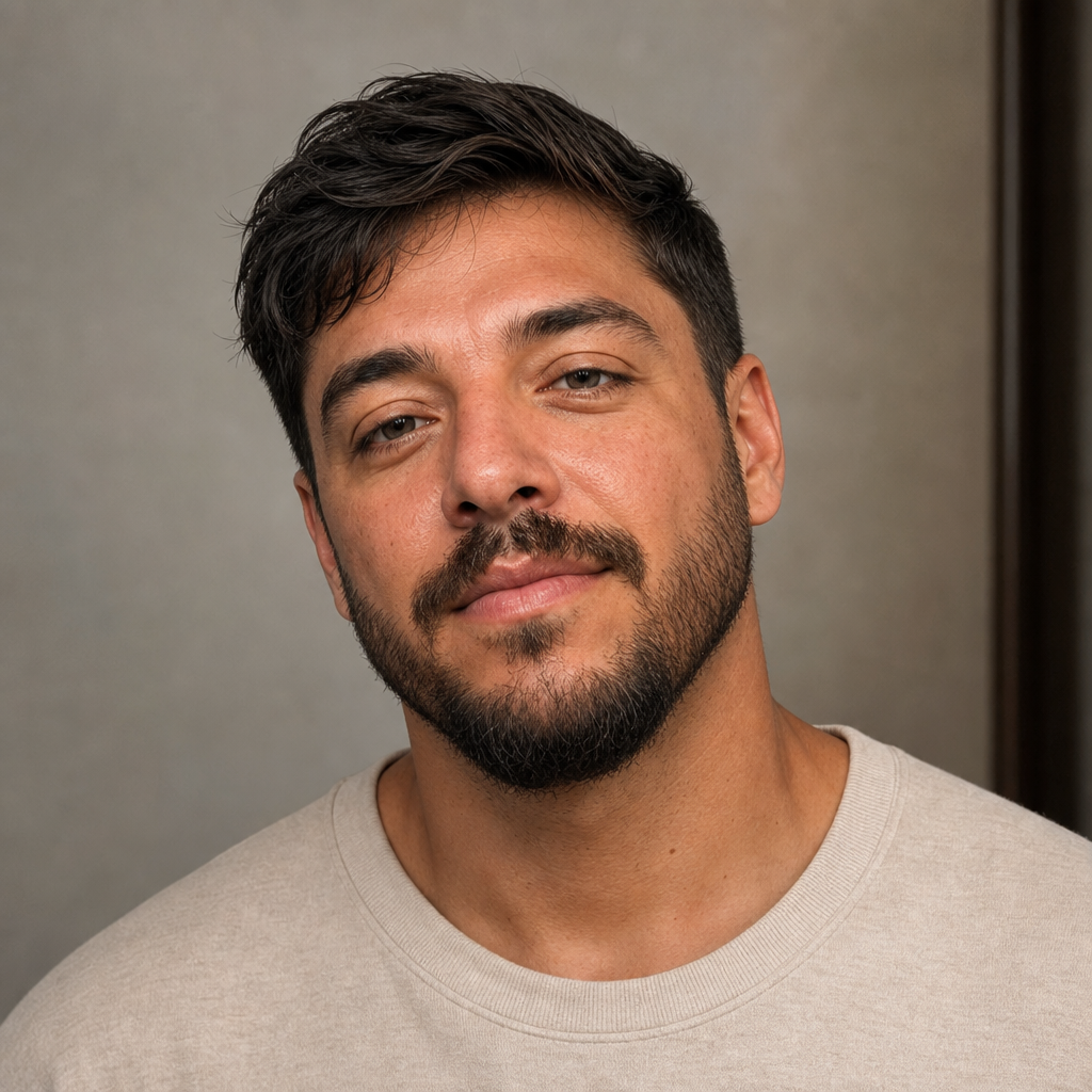 Soft side-part taper crop, corporate beard